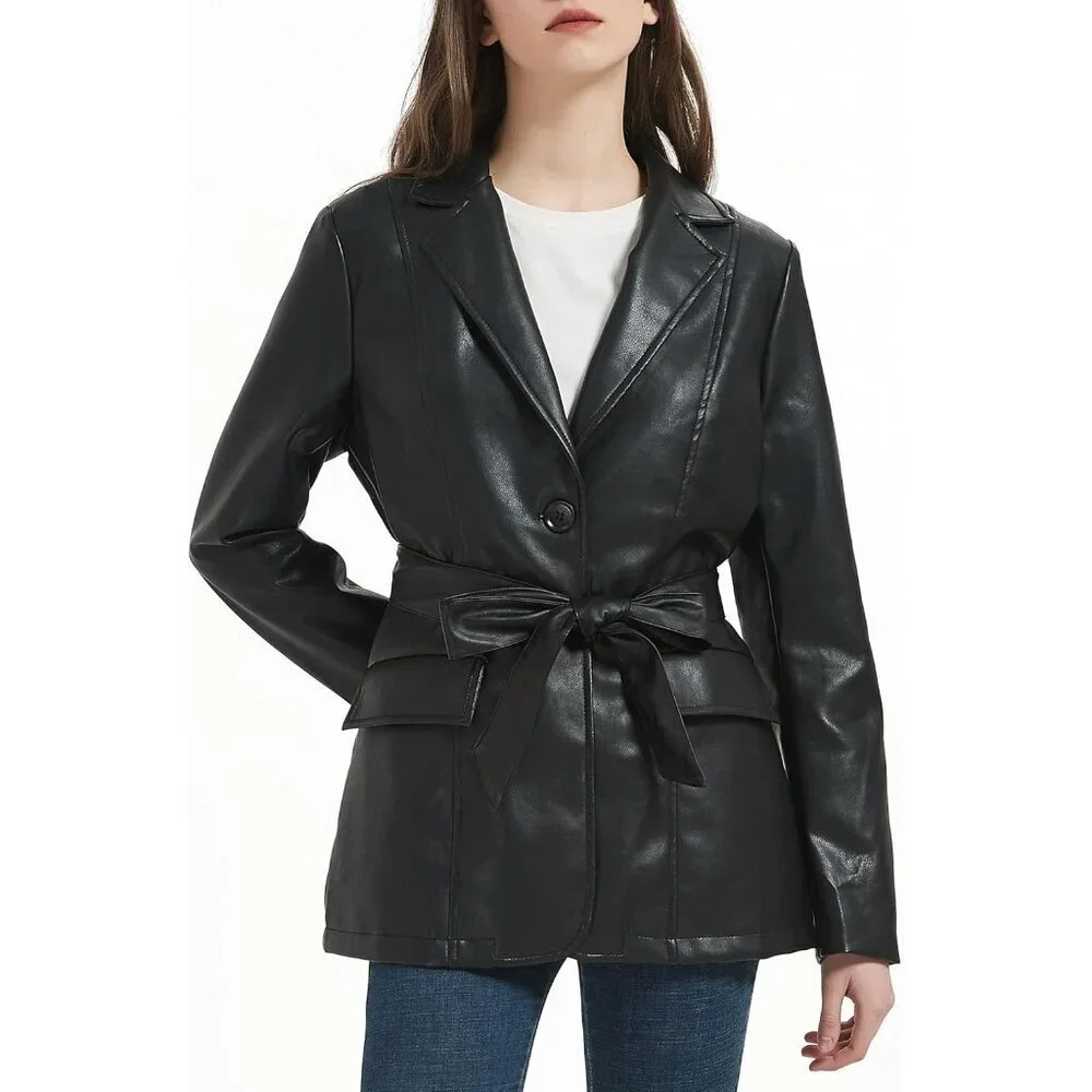 Women's Black Faux Leather Blazer Jacket Soft Casual Lapel Button Down Coat - Picture 2 of 6